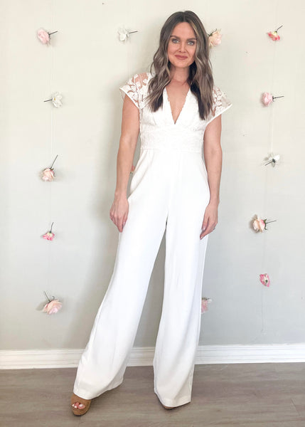 White Sequined Lace Sleeve V-Neck Jumpsuit