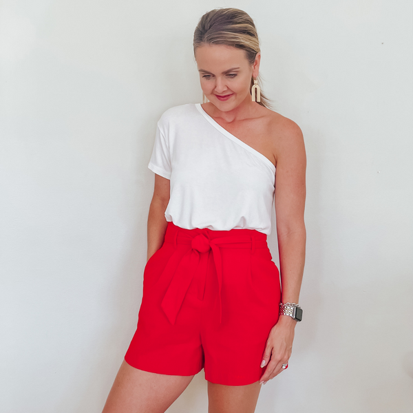 Red High Waisted Shorts with Bow Tie Belt