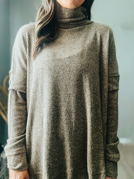 Taupe Textured Solid Turtleneck Knit Sweater