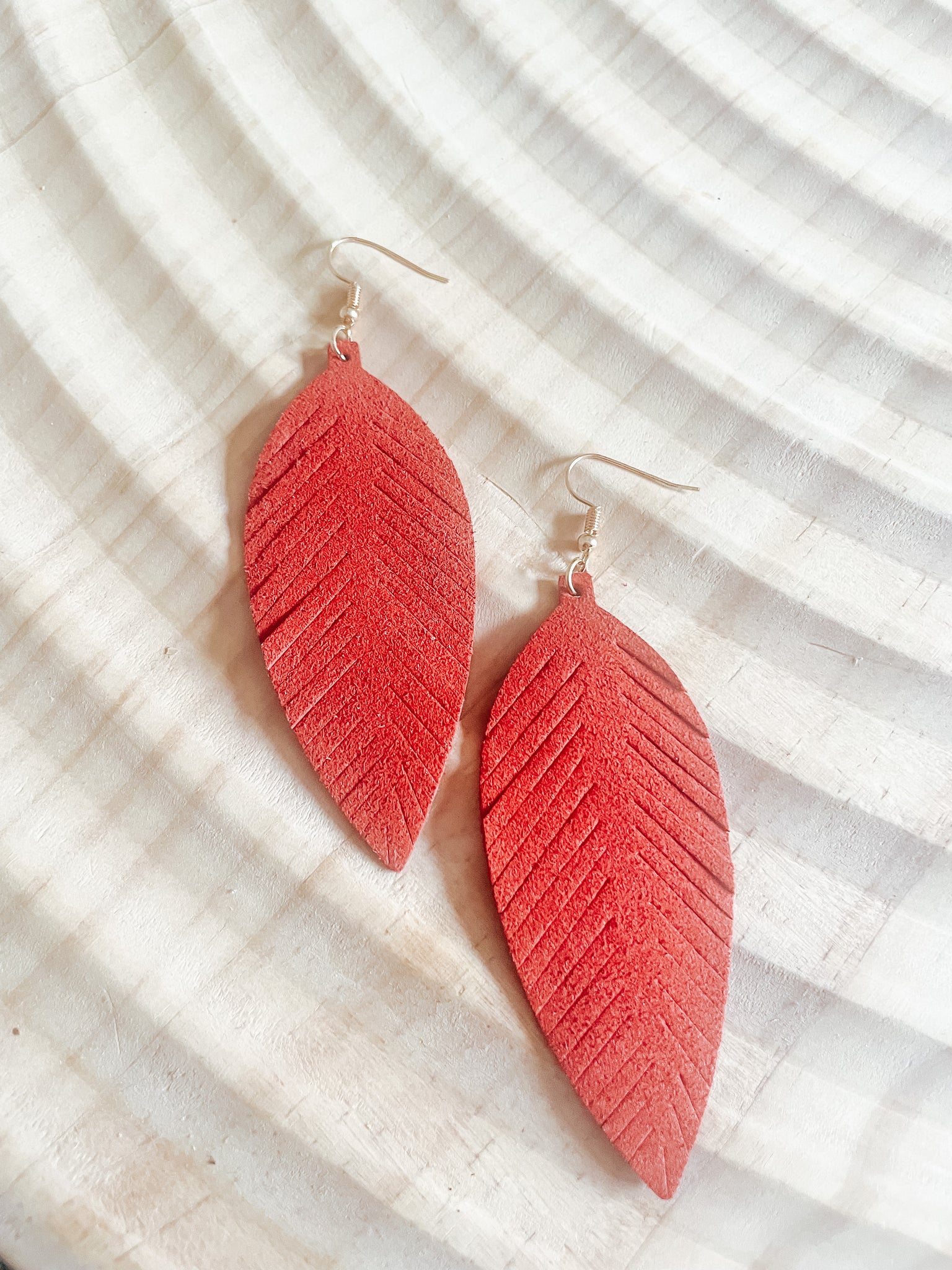 Red Leather Fringe Feather Earrings