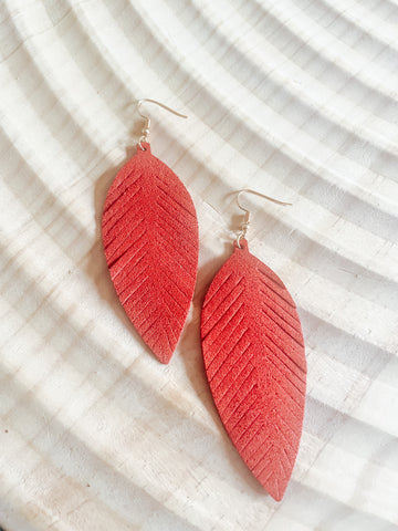 Red Leather Fringe Feather Earrings