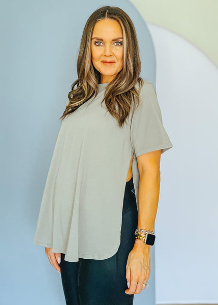 Grey Pima Cotton Flow Top with Side Slits