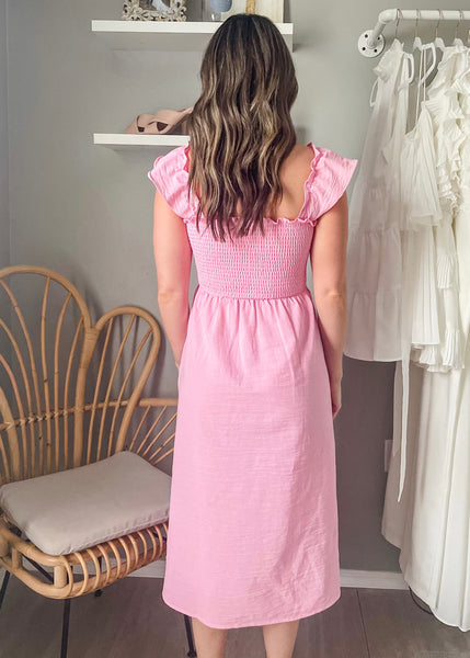 Pink Flutter Sleeve Smocked Midi Dress