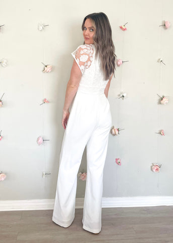 White Sequined Lace Sleeve V-Neck Jumpsuit