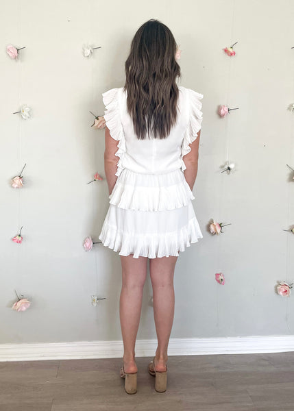 White Pleated Ruffle Detail Dress