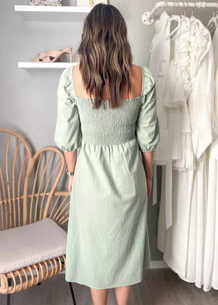 Sage Green Short Sleeve Smocked Midi Dress