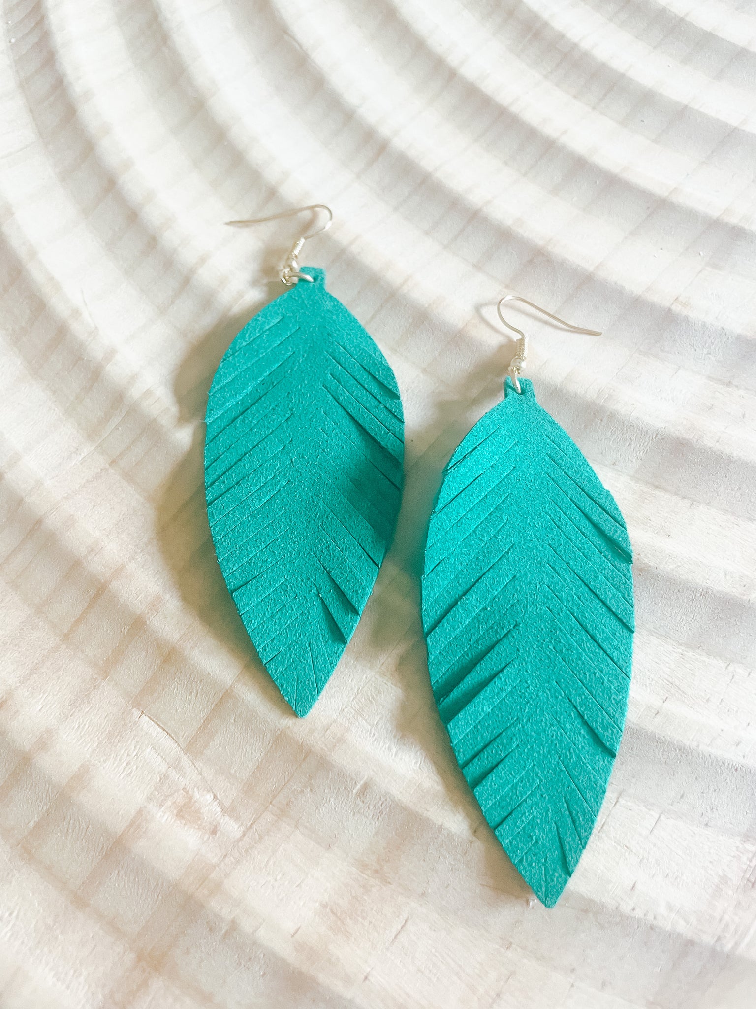 Green Leather Fringe Feather Earrings