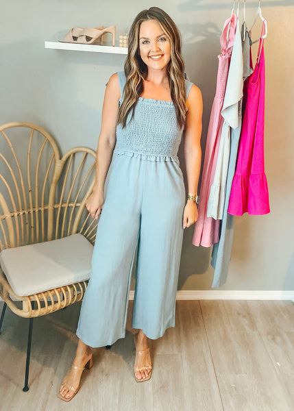 Blue Green Smocked Bow Jumpsuit